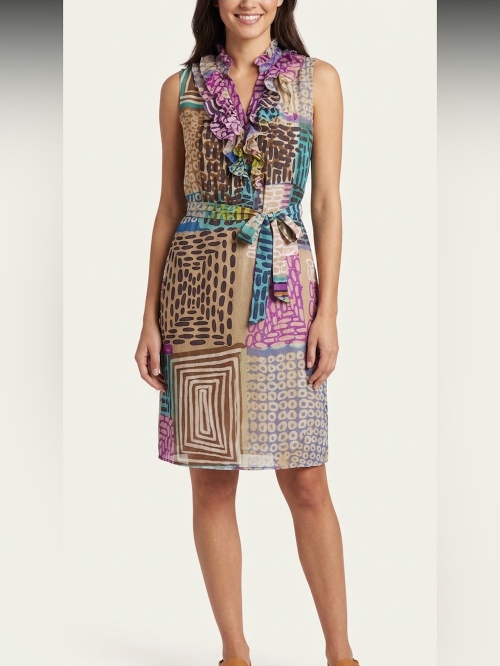ETRO Silk Patchwork Paisley Print Wrap Ruffled Belted Dress Sleeveless